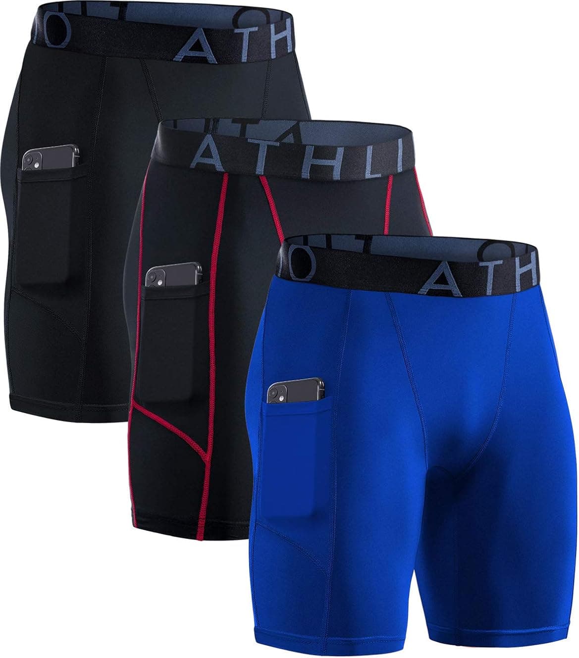 ATHLIO CLSX Men's Athletic Cool Dry Compression Shorts, Sports Performance Active Running Tights, Pocket 3pack Shorts Black/Black & Red/Blue, Large