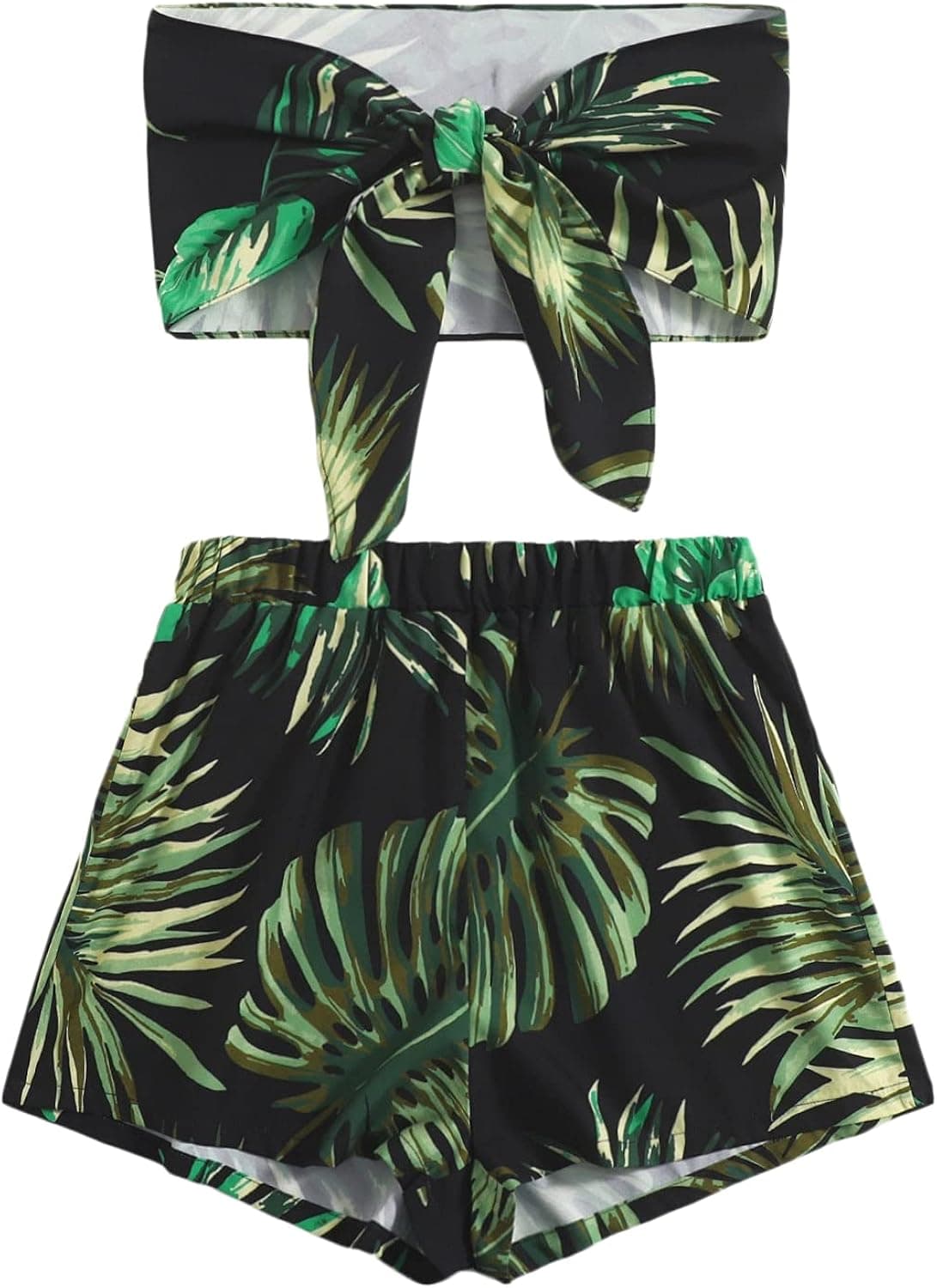 Milumia Women's 2PCS Outfit Boho Tropical Print Tie Front Bandeau Tube Top and Shorts Set