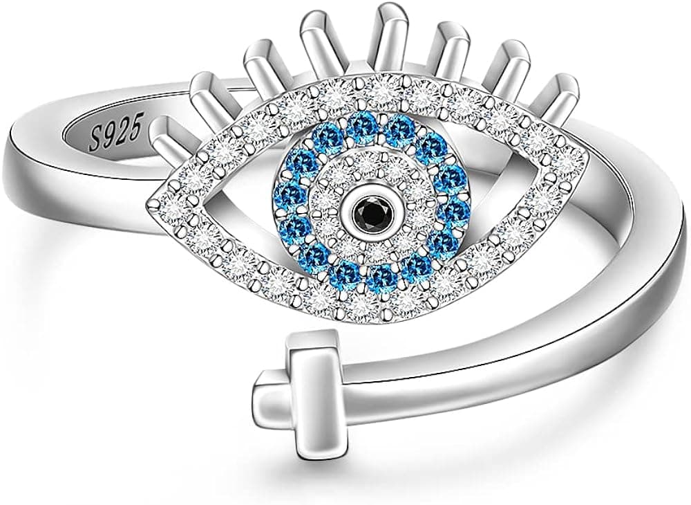Cross Evil Eye Ring Sterling Silver Spiritual Turkish Cross Rings for Women Tiny Blue Third Eye Nazar Adjustable Open Ring Protetion Jewelry Gift Size 7-8