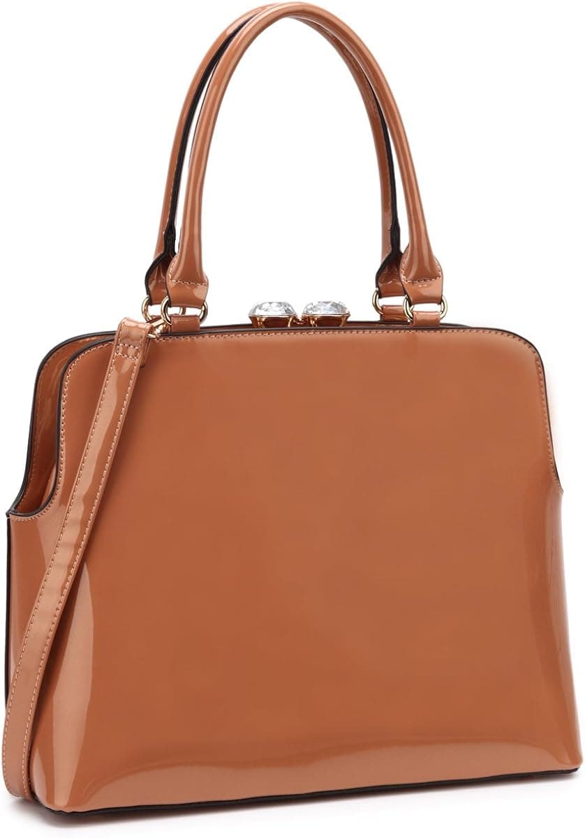 Dasein Patent Leather Satchel with Top Rhinestone Kiss Lock Snap Closure