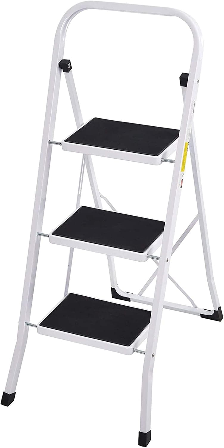 Sturdy Step Ladder 3 Step Heavy Duty Folding 3 Step Stool Home Kitchen Step Ladders, White