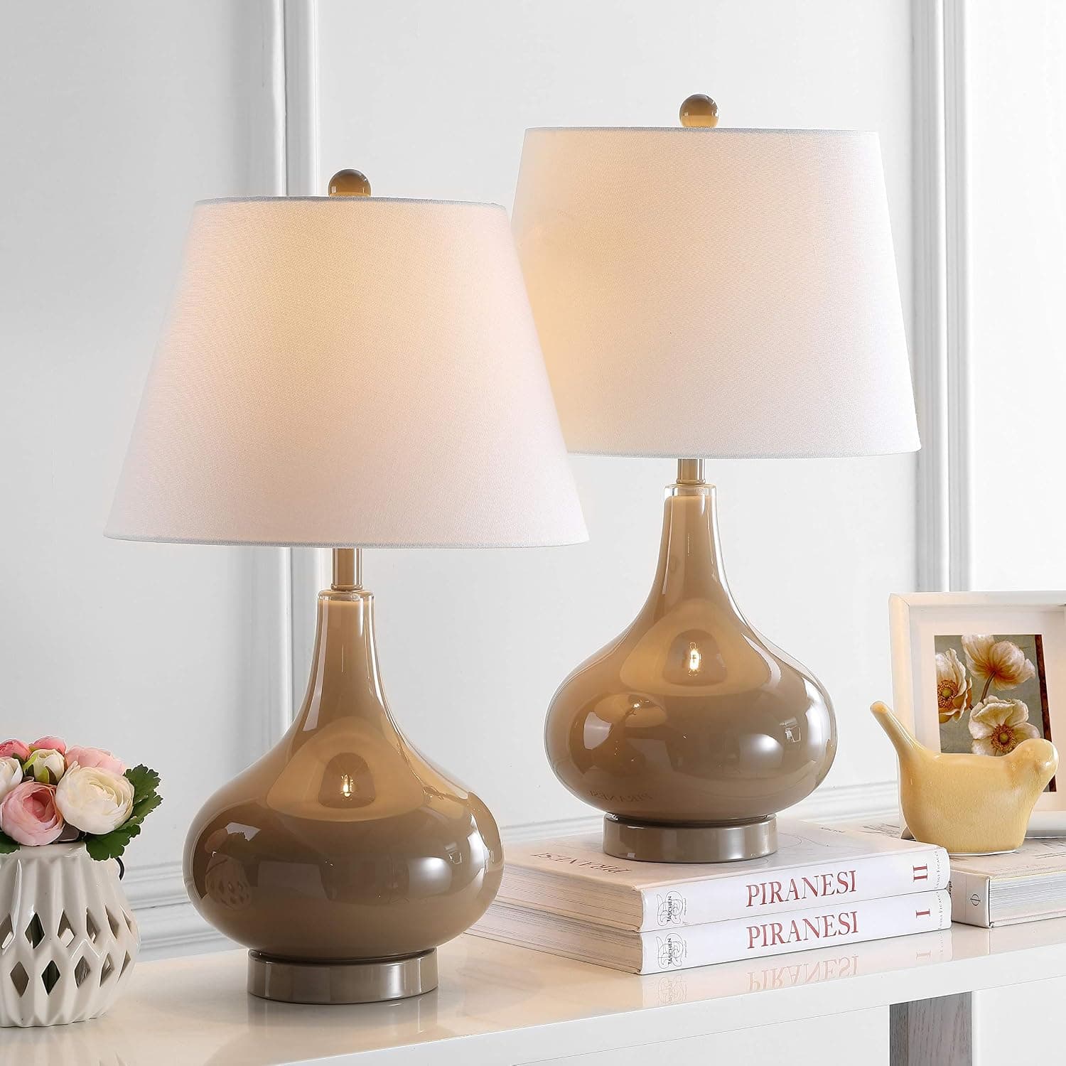 SAFAVIEH Lighting Collection Amy Modern Contemporary Taupe Gourd Glass 24-inch Bedroom Living Room Home Office Desk Nightstand Table Lamp Set of 2 (LED Bulbs Included)