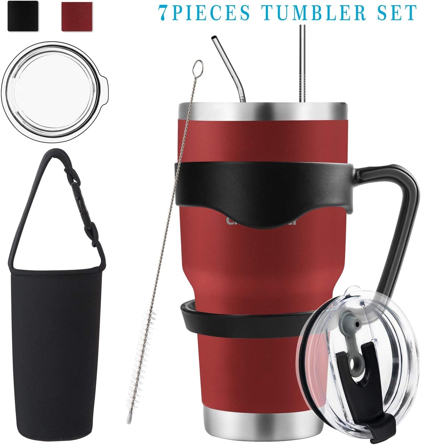 20oz/30oz Tumbler, Travel Coffee Mug Set for Cold & Hot Drinks. Double Wall Stainless Steel Vacuum Tumbler With Splashproof Lids, Straws, Brush, Handle, Tumbler Sleeve (30oz Brick Red Kit, 30oz)