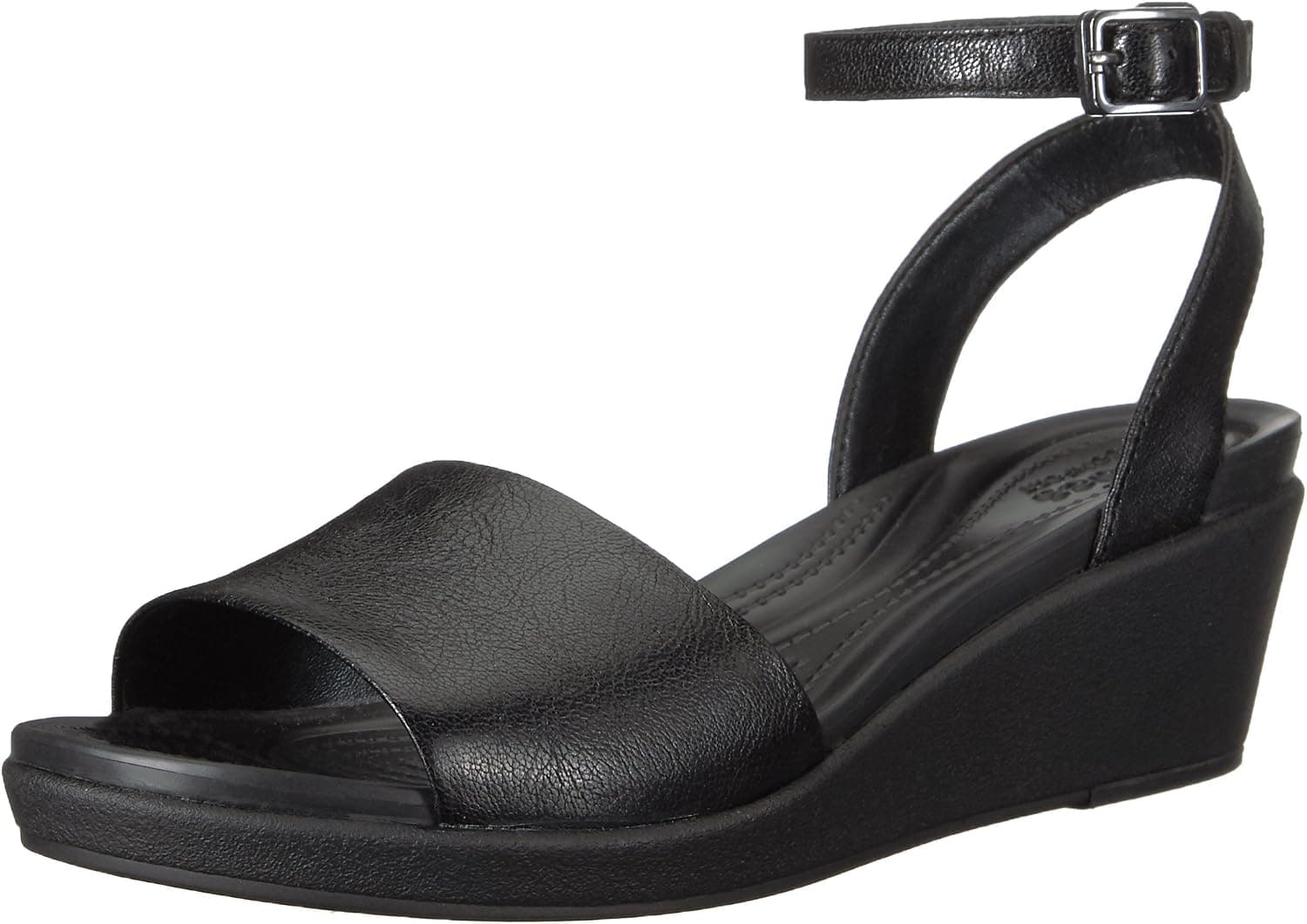 crocs Women's Leighann Anklestrap Lthr Wedge Sandal, Black, 8 M US