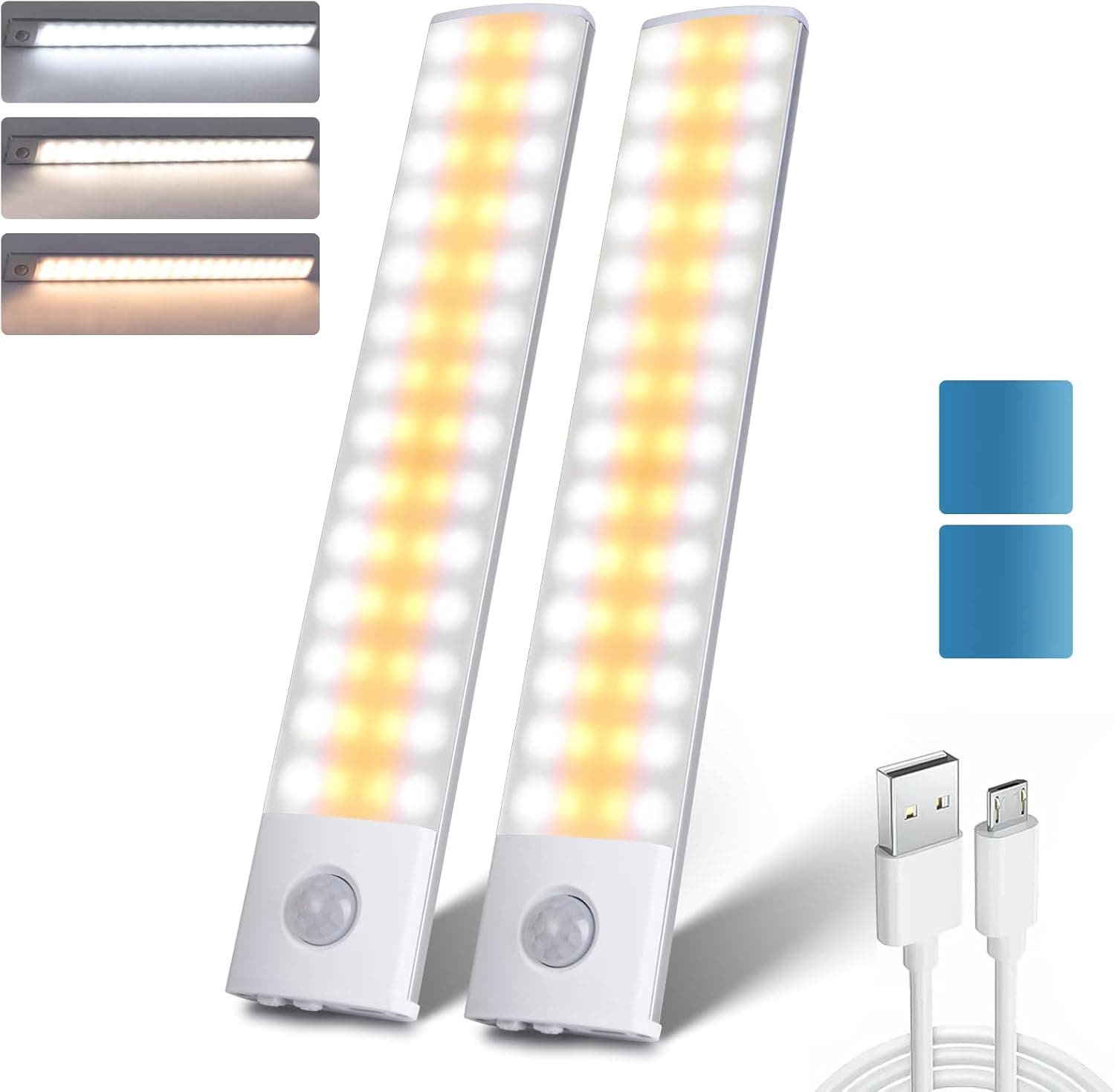 Aopksrt Under Cabinet Lights, 40 LED 3 Color Motion Sensor Closet Light, USB Rechargeable Wireless Magnetic LED Lights, Stick-On Anywhere Indoor Motion Sensor Night Light, for Closet, Corridor(2 Pack)