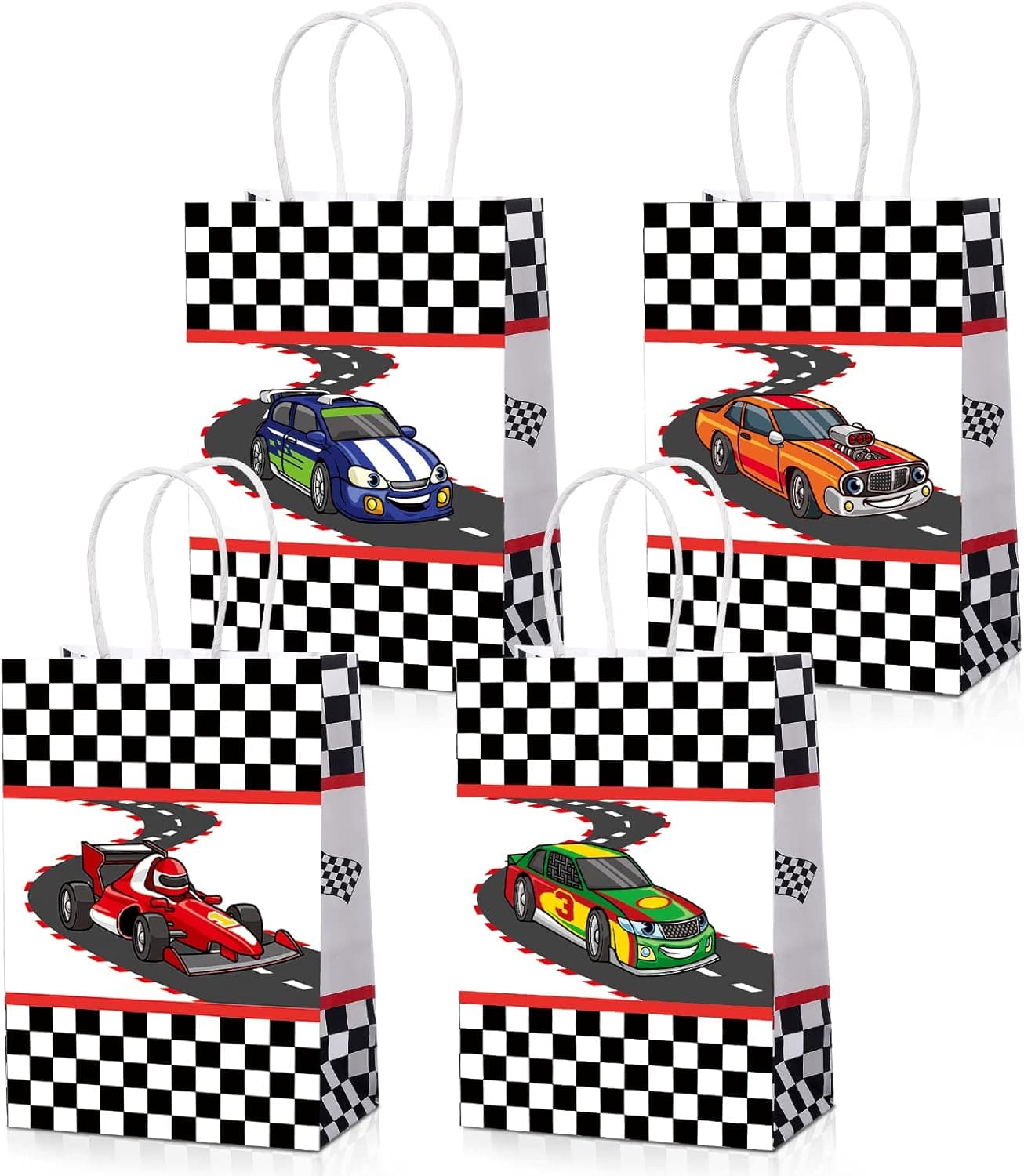 24 Pieces Racing Party Bags Race Car Birthday Favor Bags Car Goodie Paper Bags Sports Car Treat Bags with Handles Checkered Car Flag Candy Bags for Kids Racing Car Themed Birthday Supplies