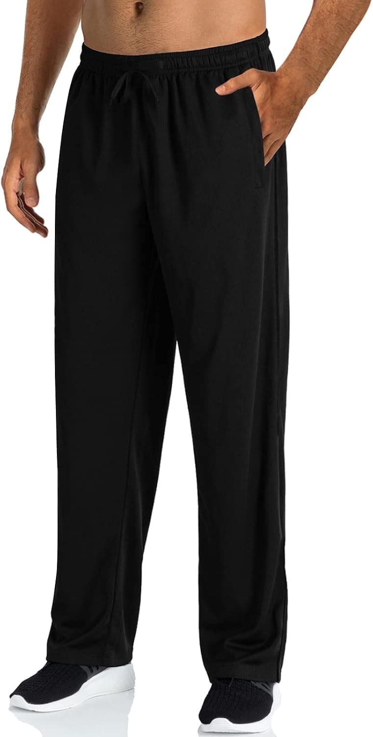 LRKOAYJGO Men's Mesh Sweatpants with Zipper Pockets Loose Fit Open Bottom Athletic Workout Pants Lightweight (Black 2XL)