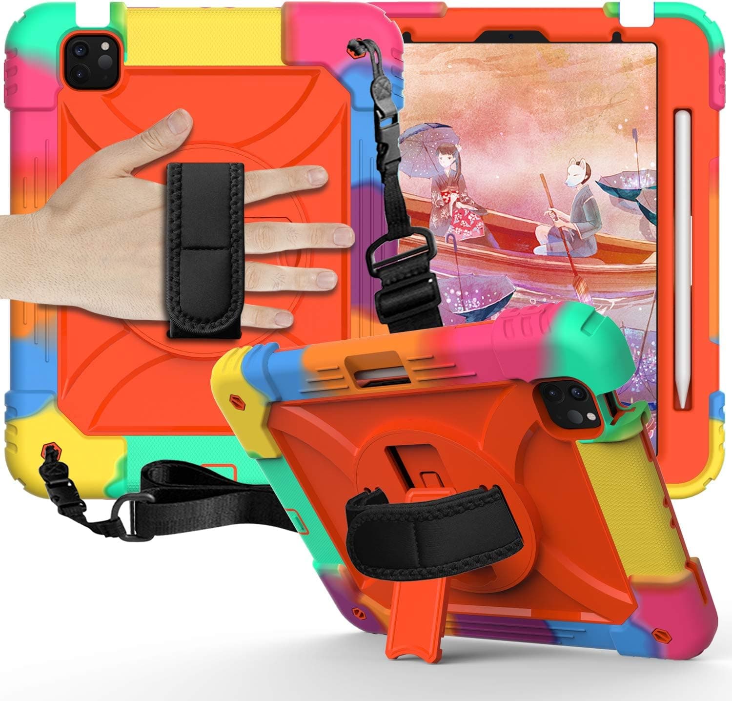 iPad Pro 11 Inch Case 2018 & 2020, 360 Rotatable Kickstand w/Shoulder Strap, Built-in Pencil Holder, 3 Layer Heavy Duty Shockproof Case (Rainbow/Orange)