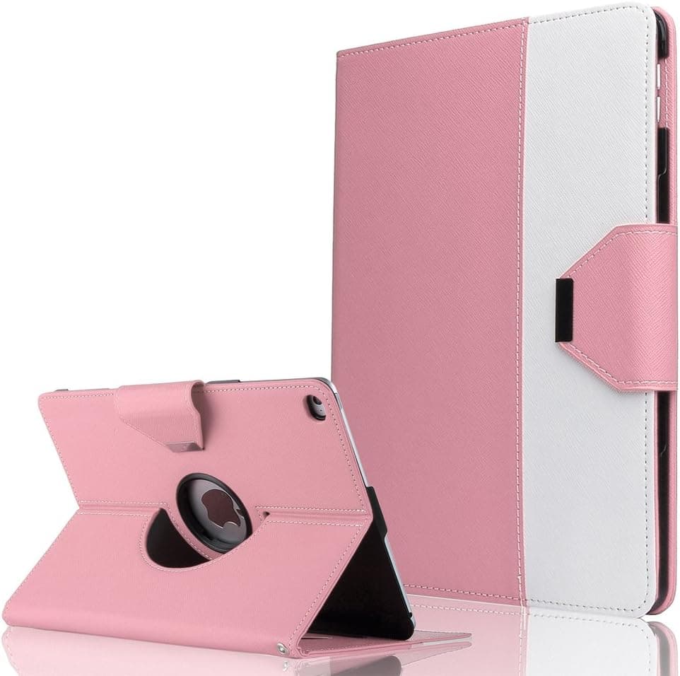ULAK iPad air 2 Case 360 Degree Rotating Synthetic Leather Stand Case with Smart Cover Auto Sleep/Wake Feature for Apple iPad air 2 (9.7" inch) 2014 Release (Pink+White)