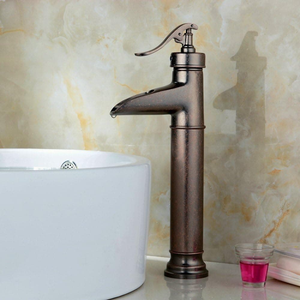 YAJO Antique Bathroom Vessel Sink Single Handle Rustic Bronze Waterfall Spout Tall Faucet, Antique Copper Finished