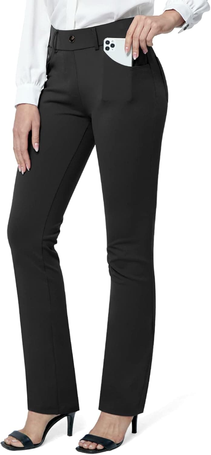 M MOTEEPI Yoga Dress Pants for Women 31''/29'' High Waisted Pull on Stretch Black Straight Leg Work Pants Business Slacks