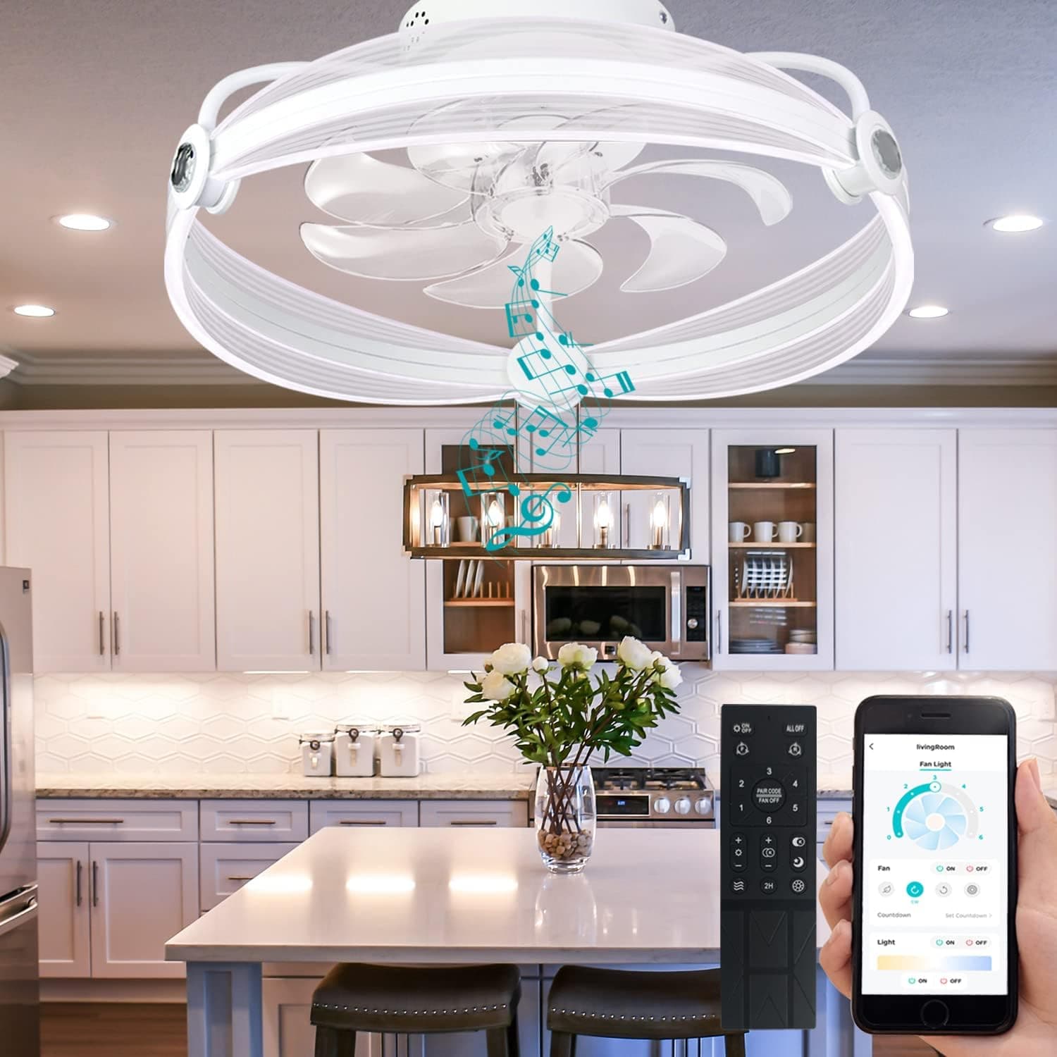 YeetFerret Low Profile Ceiling Fan with Light 20 Inch Flush Mount Ceiling Fan Light Remote and APP Control Ceiling Fan with Bluetooth Speaker Reversible 3Colors 6 Speeds (White)