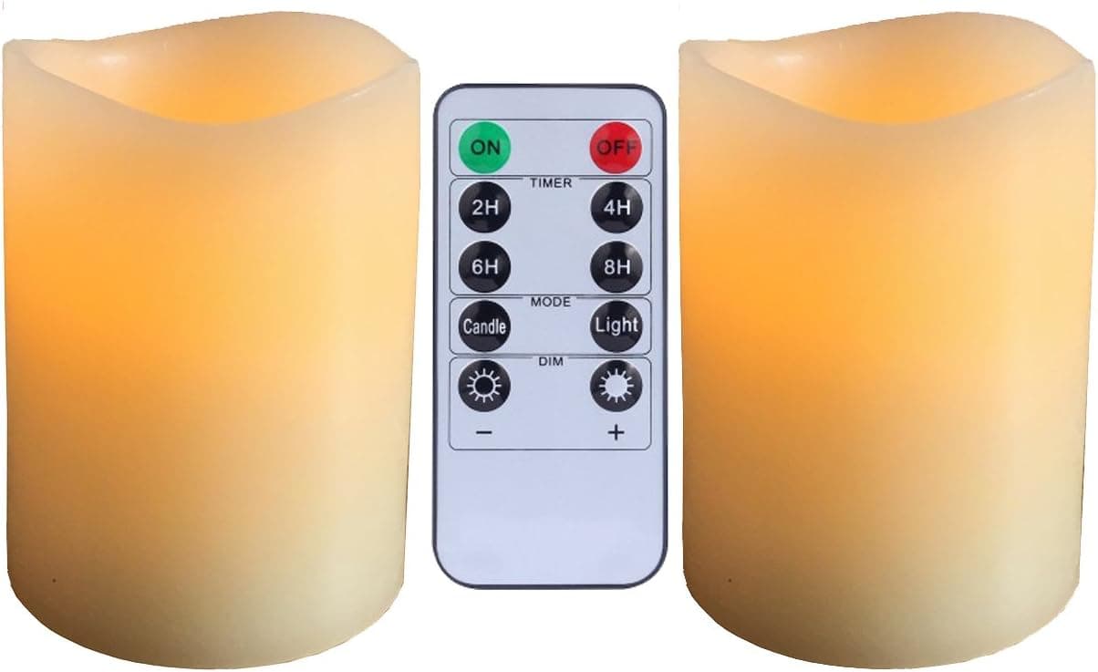 Outdoor Flameless Candles with Romete and Timmer, Aimetech Pillar Real Wax Battery Operated Flickering Wedding Candle Light Set of 2, 4" Inch