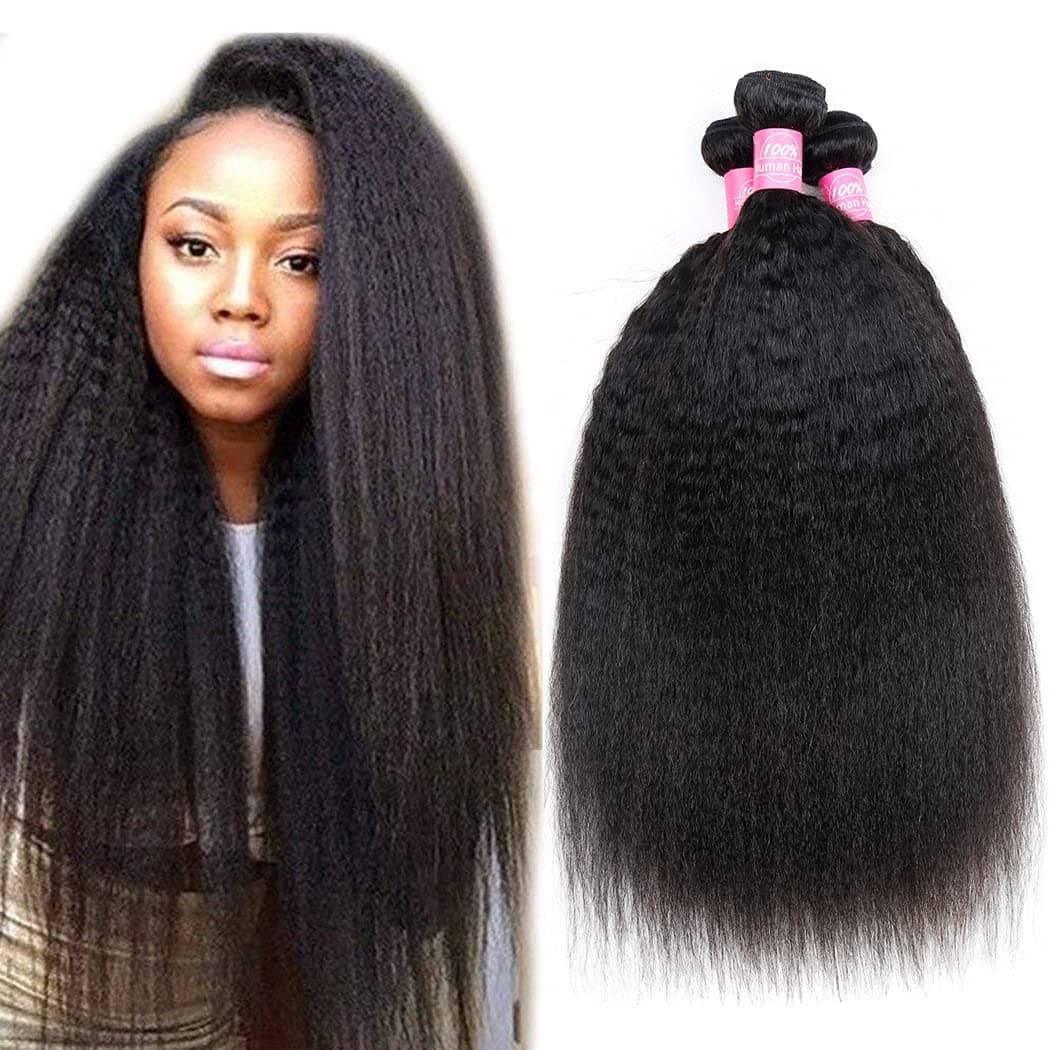Odir Kinky Straight Human Hair Bundles 10 12 14 Inch Unprocessed 9A Brazilian Yaki Straight Virgin Hair 3 Bundles Kinky Straight Remy Hair Extensions Natural Color