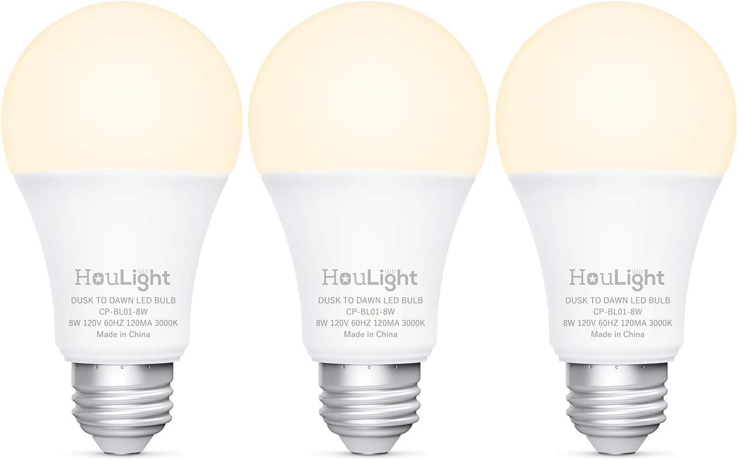HouLight Soft White Dusk-to-Dawn 800 Lumen A19 LED Light Bulb, 60-Watt Equivalent, 8-Watt 3000K (3 Pack), UL Certified, Upgraded Sensing Technology