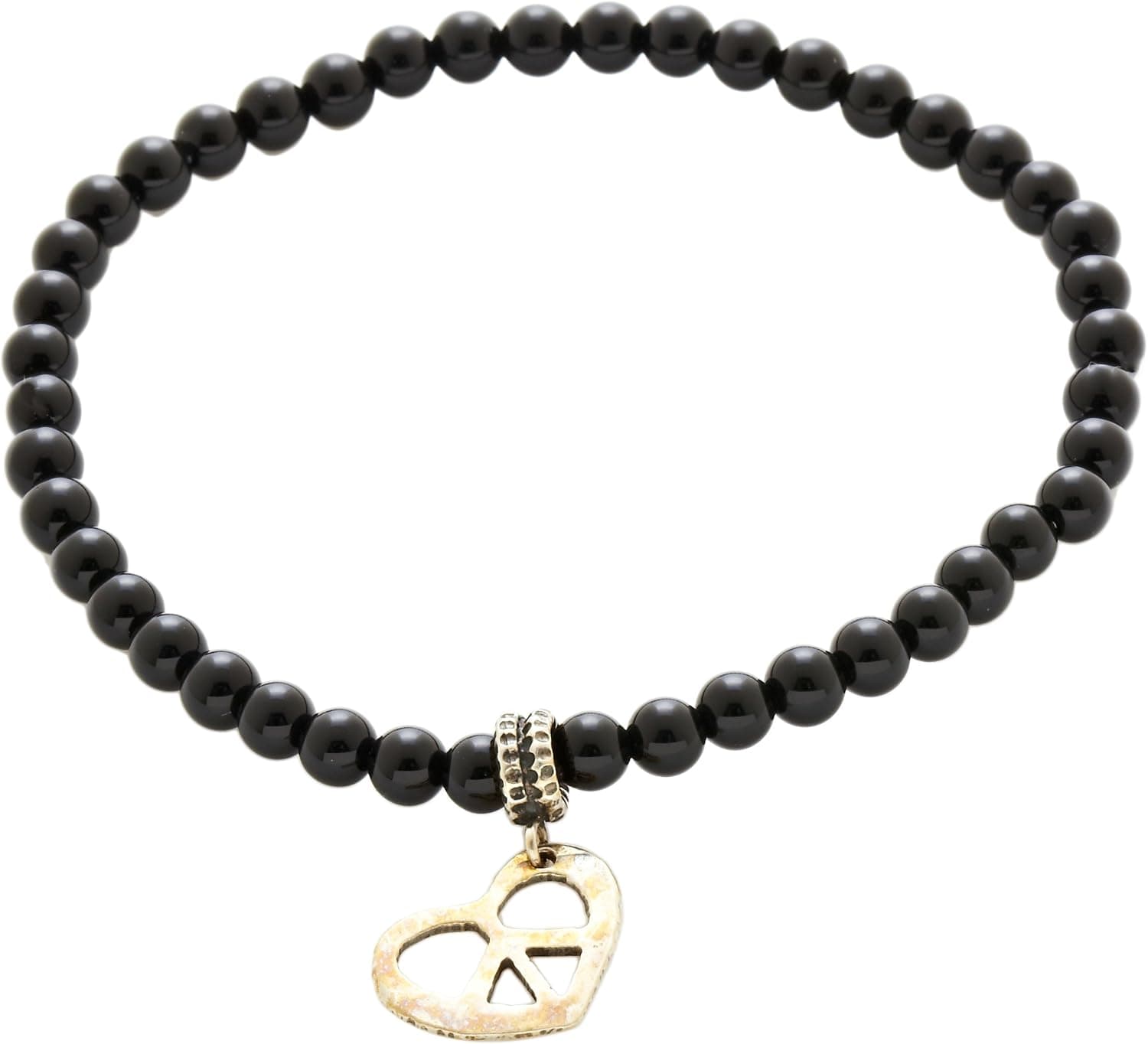 Sterling Silver Heart / Peace Sign Charm and Black Onyx Beads on Stretch Bracelet