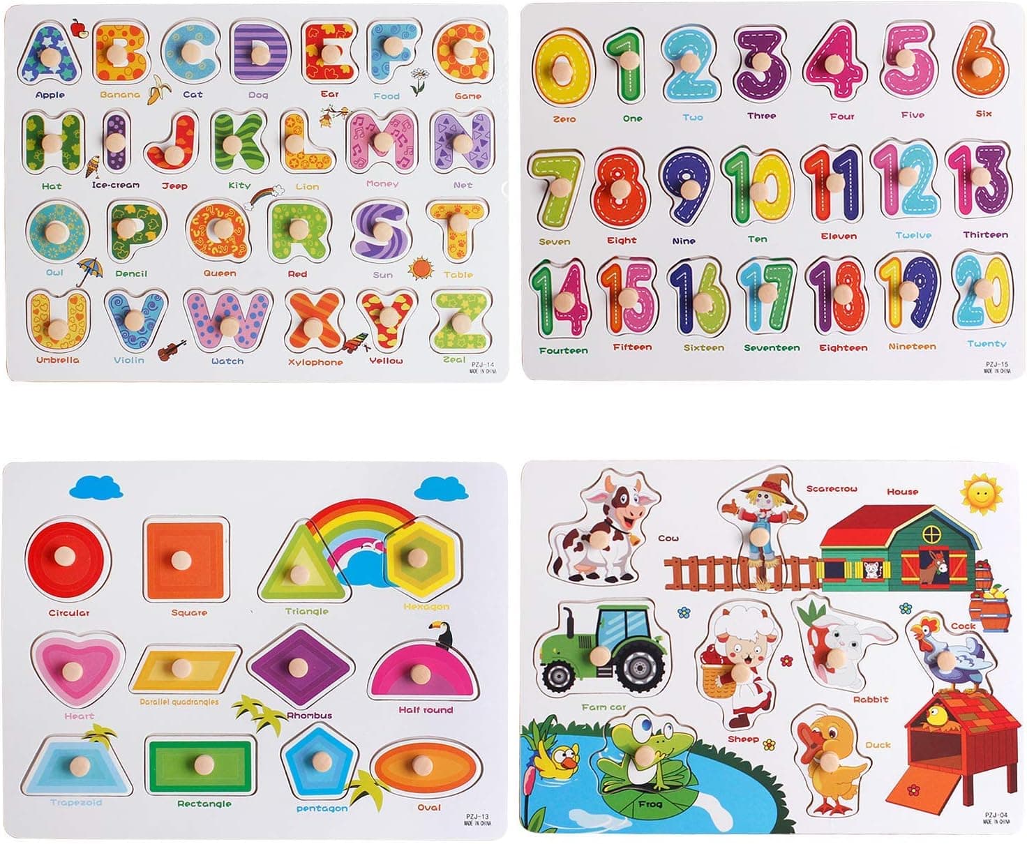 UMTOY 4PCS Wooden Puzzles for Toddlers Peg Puzzle Set, Children's Learning Puzzles with Alphabet and Animal Numbers Shape, Educational and Learning Preschool Puzzle Toys for Babies Boys and Girls