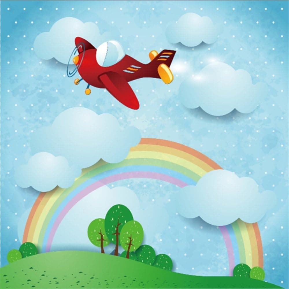 Leowefowa 8X8FT Kids' 1st Birthday Backdrop Toys Airplane Rainbow Blue Sky White Cloud Cartoon Backdrops for Photography Trees Green Grass Hill Dots Vinyl Photo Background Boys Girls Studio Props
