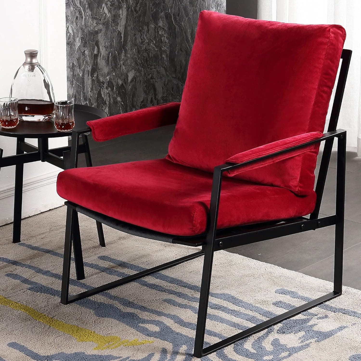 JULYFOX Red Velvet Tufted Sofa Chair, Upholstered Chair with Armrest Metal Base Industrial Modern Look Accent Chair for Living Room Home Office