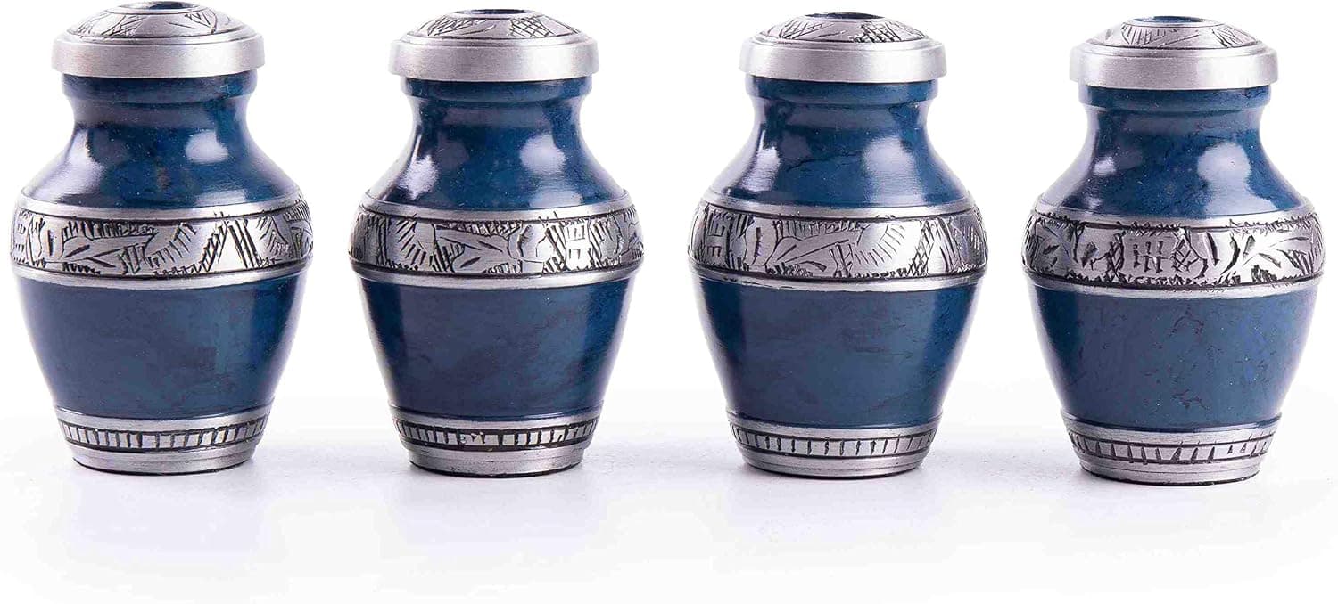 GSM Brands Keepsake Cremation Urns (Set of 4) - Mini Funeral Memorials in Blue Design with Box - Meant for Sharing of Token Amount of Ashes (3.5 Inch by 2.5 Inch)