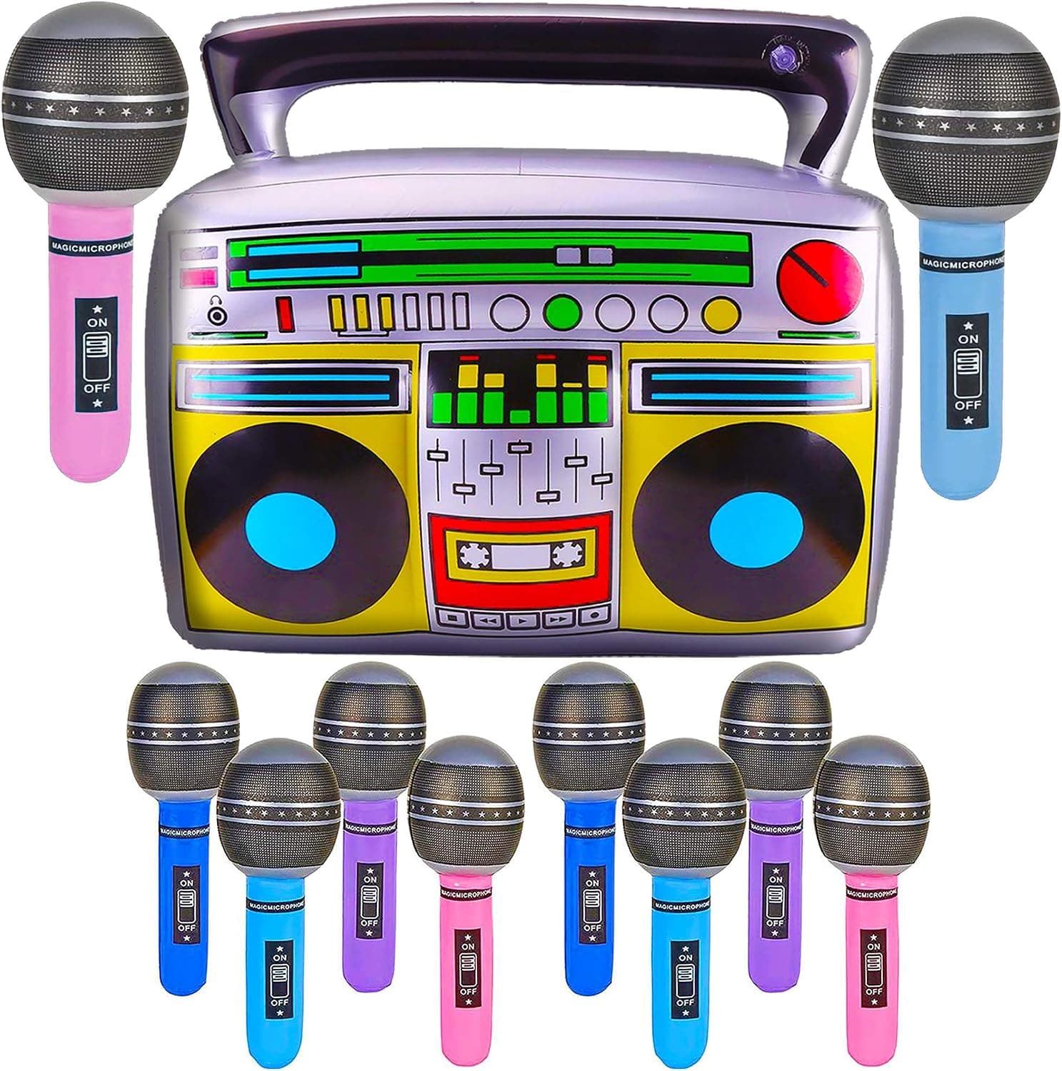 Inflatable Boom Box With 12 Inflatable Microphones - 80s Theme Birthday Party Decorations & Supplies, Party Favors For Kids & Adults - Retro 90s Party Supplies by 4E's Novelty