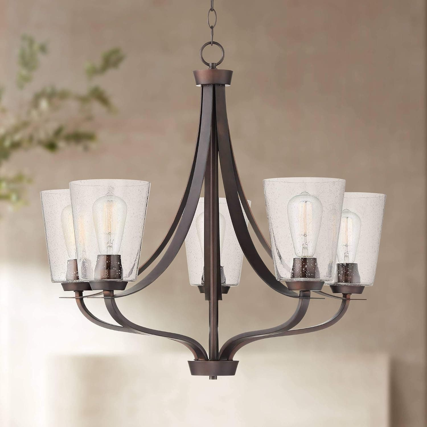 Franklin Iron Works Merriman Bronze Chandelier Lighting 28" Wide Rustic Industrial Clear Seeded Glass 5-Light Fixture for Dining Room House Foyer Entryway Kitchen Bedroom Living Room High Ceilings