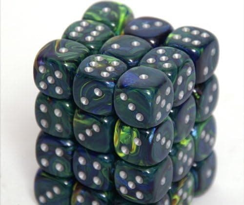 Chessex Dice d6 Sets: Festive Green with Silver (Blue-Green) - 12mm Six Sided Die (36) Block of Dice