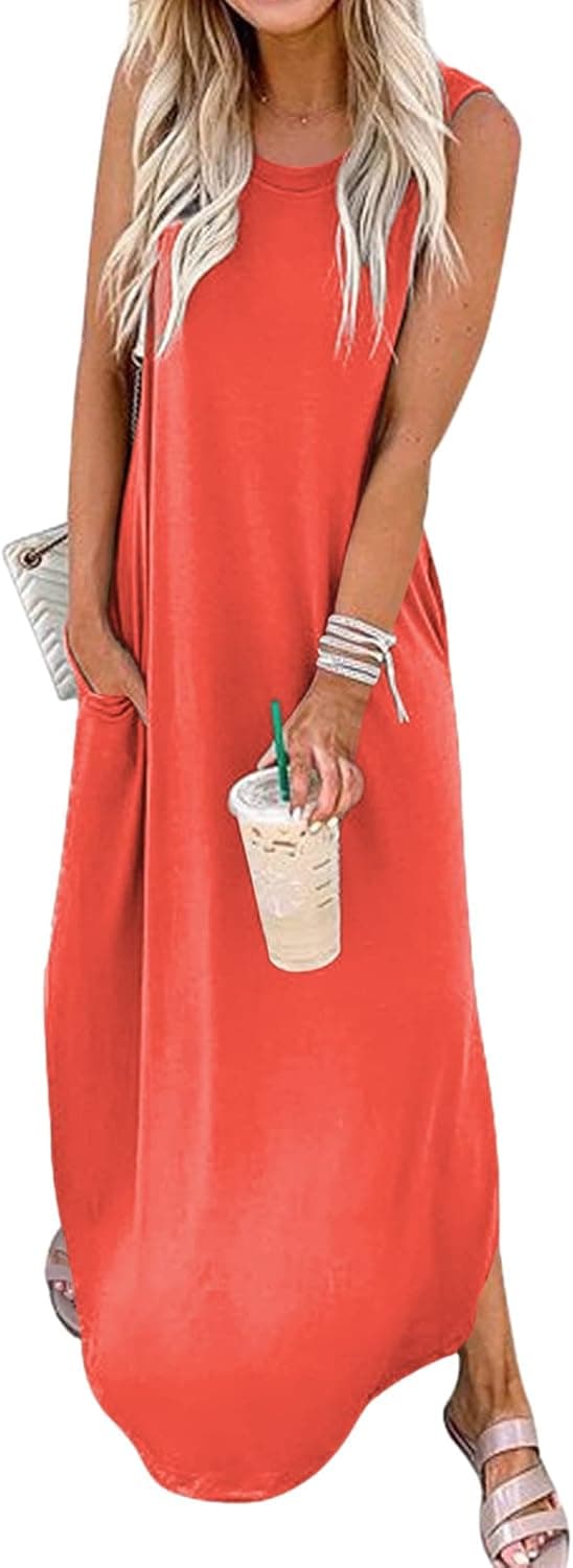 SENSERISE Womens Good Vibes Rainbow Sleeveless Maxi Dress Summer Casual Tank Dresses with Pockets
