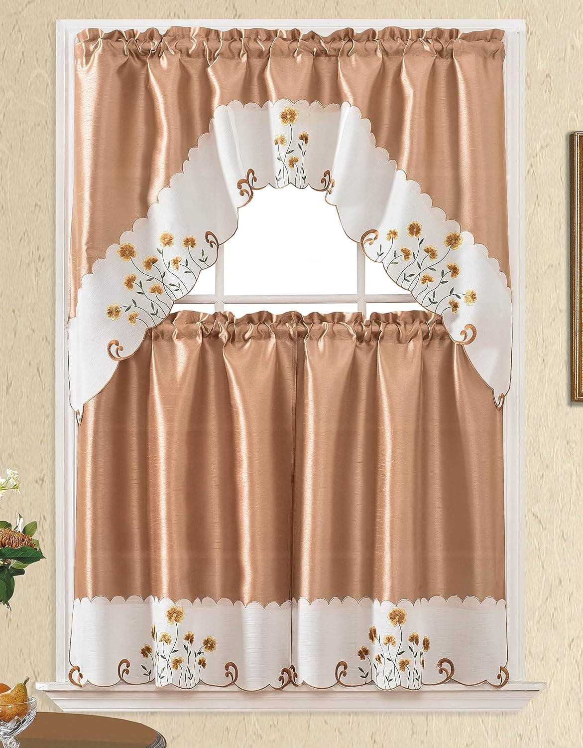 Jenin 3pc Rod Pocket Embroidered Kitchen Curtains and Valances Set Swag Curtains & Tier Set 36 Inch Length Floral Flower Taupe