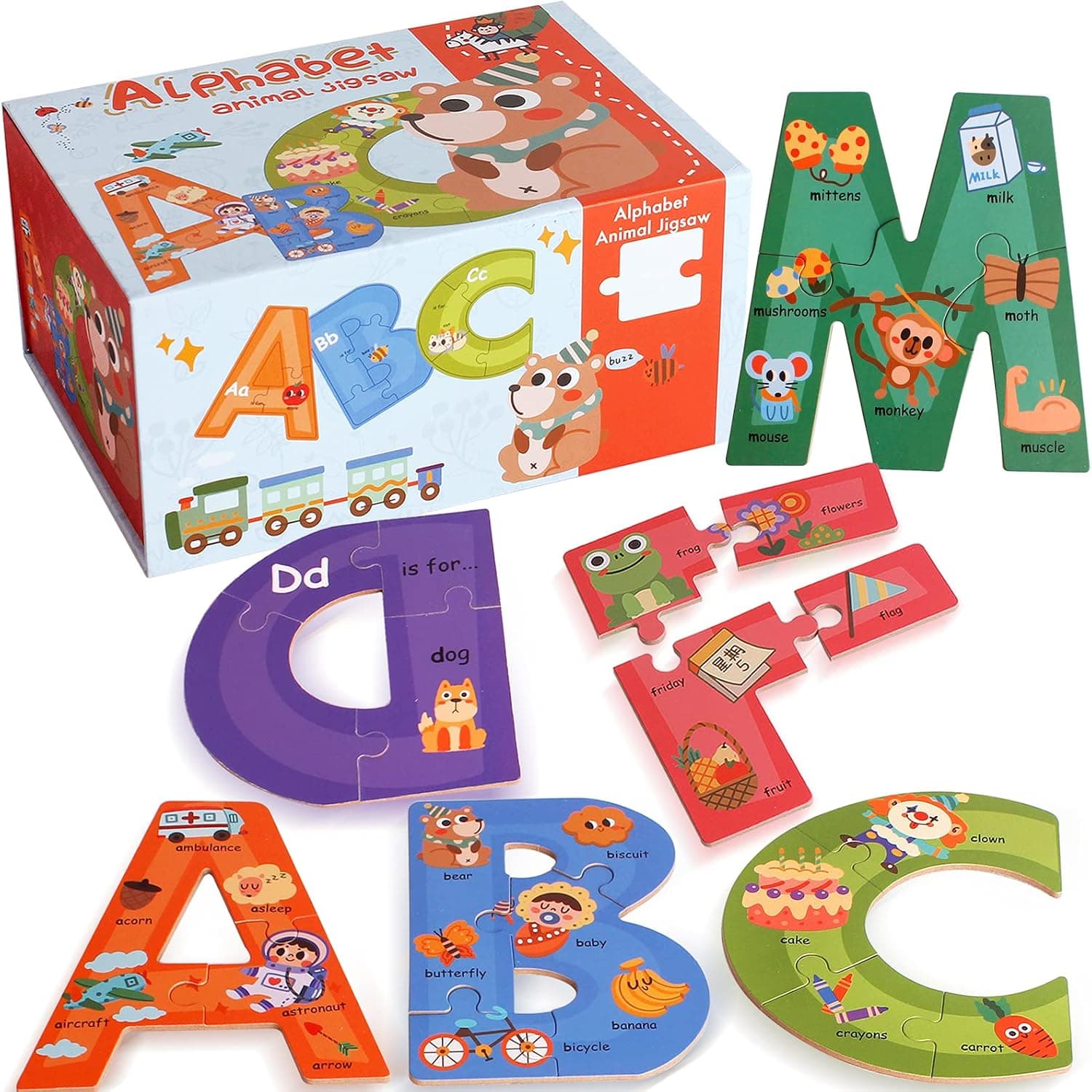 AMSWORD 85 PCs Colorful Animal Pattern Alphabet ABC Jigsaw Puzzle Jumbo Toys Color Shape Uppercase Letter Recognition Kit Sorting Montessori STEM Game Set for Toddlers Kids Boys and Girls