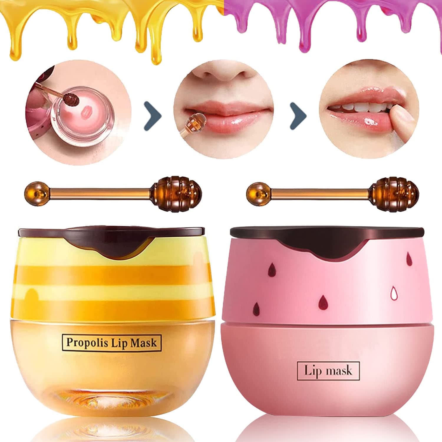 Bee Balm Lip Balm Honey Pot, 2 PCS Strawberry & Honey Lip Masks Hydrating Prevention Dry and Cracked Lip Scrubs Exfoliator，Lip Sleep Mask Reduces Lip Lines，Lip Exfoliating Bee Balm Sleeping Lip Mask,Christmas Gifts