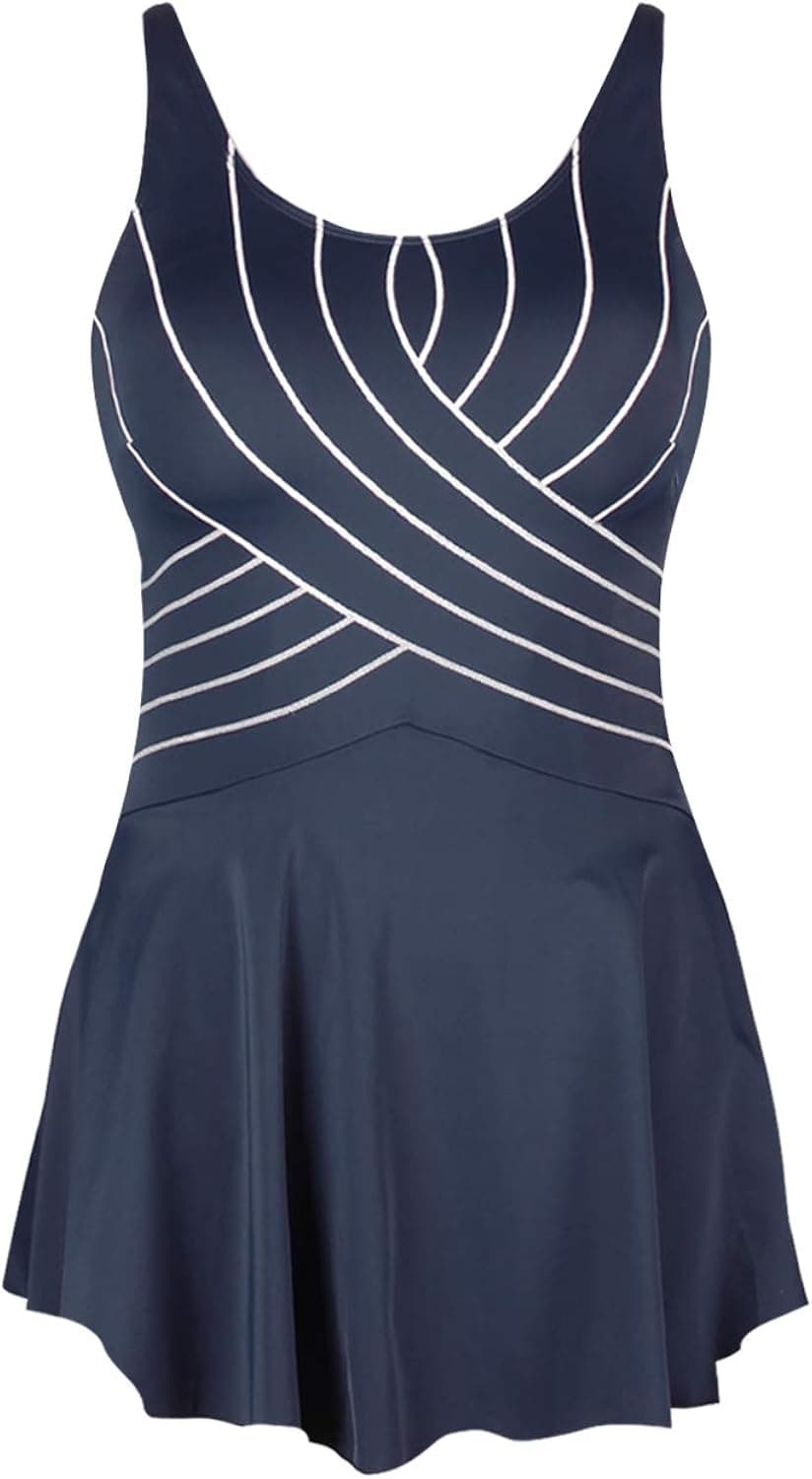 Women's Plus-Size One-Piece Swim Dress with Flared Skirt - Vintage Style Solid Color Bathing Suit for Beach and Pool