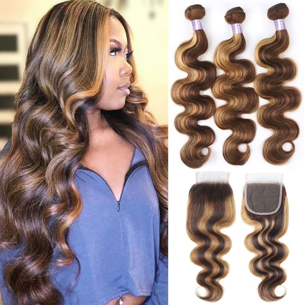 Allove Human Hair Bundles with Closure Ombre Body Wave Highlight Bundles with Closure 14 16 18+14inch, 3 Bundles with 4x4 Lace Closure Free Part 100% Virgin Brazilian Human Hair Weave Color 4/27