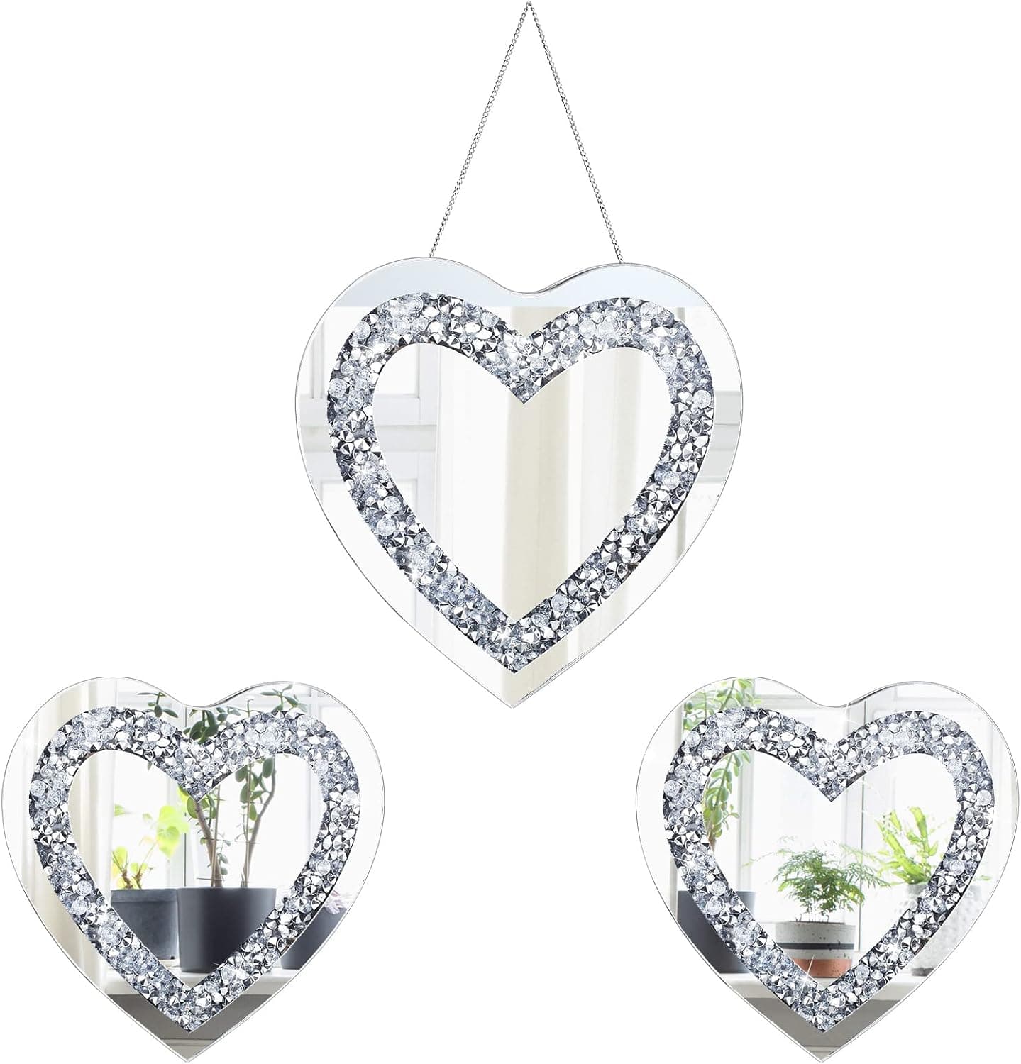 3 Pcs Crystal Crush Diamond Heart Shaped Silver Mirror for Wall, 12 and 8 Inches Diameter Wall Hang Frameless Mirror Decorations Mirror Wall Decor Glass Diamond Decor for Bedroom Bathroom Living Room