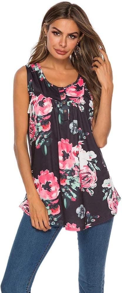 SANCABA Women Sleeveless Summer Casual Floral Tops Blouse Loose Tunic Shirt Beach Cover Up