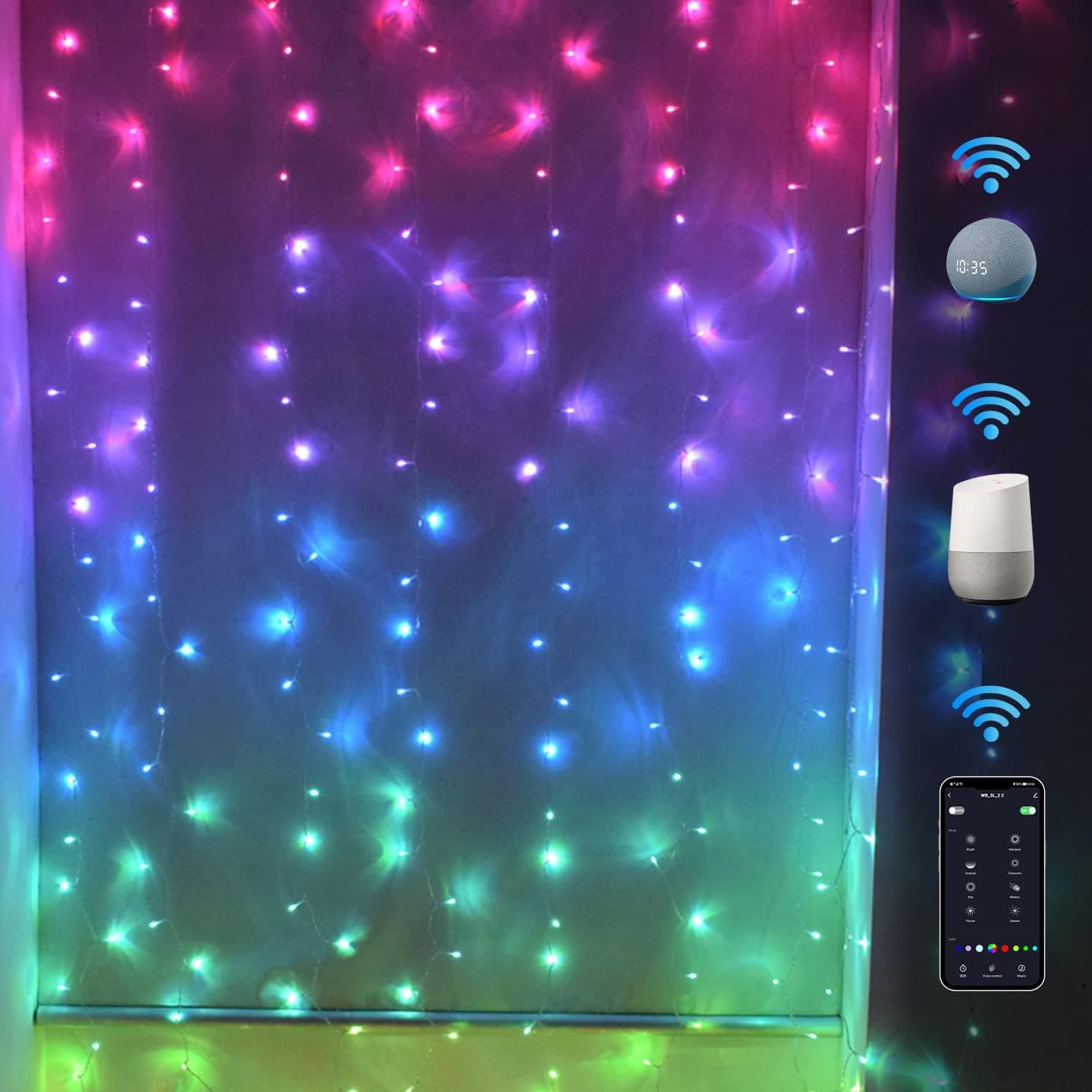 LED Curtain Lights WiFi Smart Twinkle String Window Lights Work with Echo Alexa Google Assistant，Remote APP Timer Rainbow RGB Color Changing Fairy Lights for Holiday, Bedroom Decor 9.8x9.8 FT(SCL)