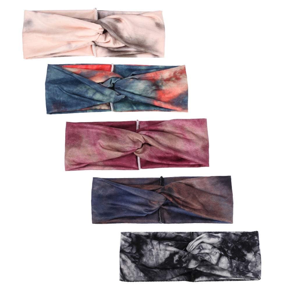 Boho Stretch Headbands Set for Women, Bohemian Elastic Head Bands Wrap Wide Colorful Thick Cloth Criss Cross Knotted Twisted Hair Bands Headwrap, Girls Outdoor Beach Cute Adjustable Hairbands Accessories Twinfree - 5 Pack