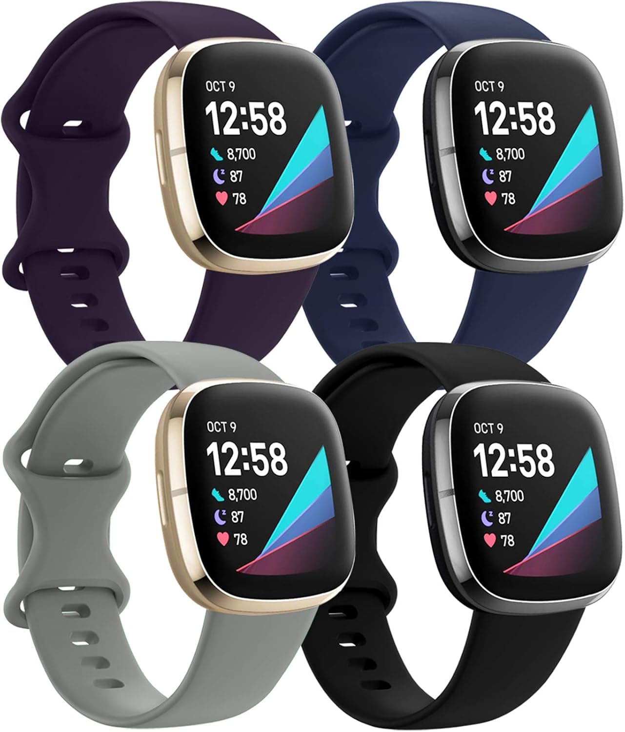 QIBOX Sport Bands Compatible with Fitbit Sense/Versa 3 Bands Women Men, 4-Pack Silicone Breathable Watch Strap Waterproof Soft Replacement Wristband Accessories for Versa 3/Sense Smartwatch