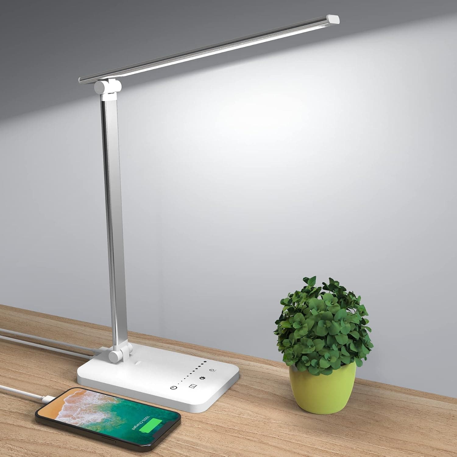 Azhien LED Desk Lamp,Dimmable Desk Light with USB Charging Port,5 Lighting Modes x 5 Brightness Levels,Modern Eye-Caring Bright Table Lamp with Touch Control, Timer 45 Min for Working,Studying-White