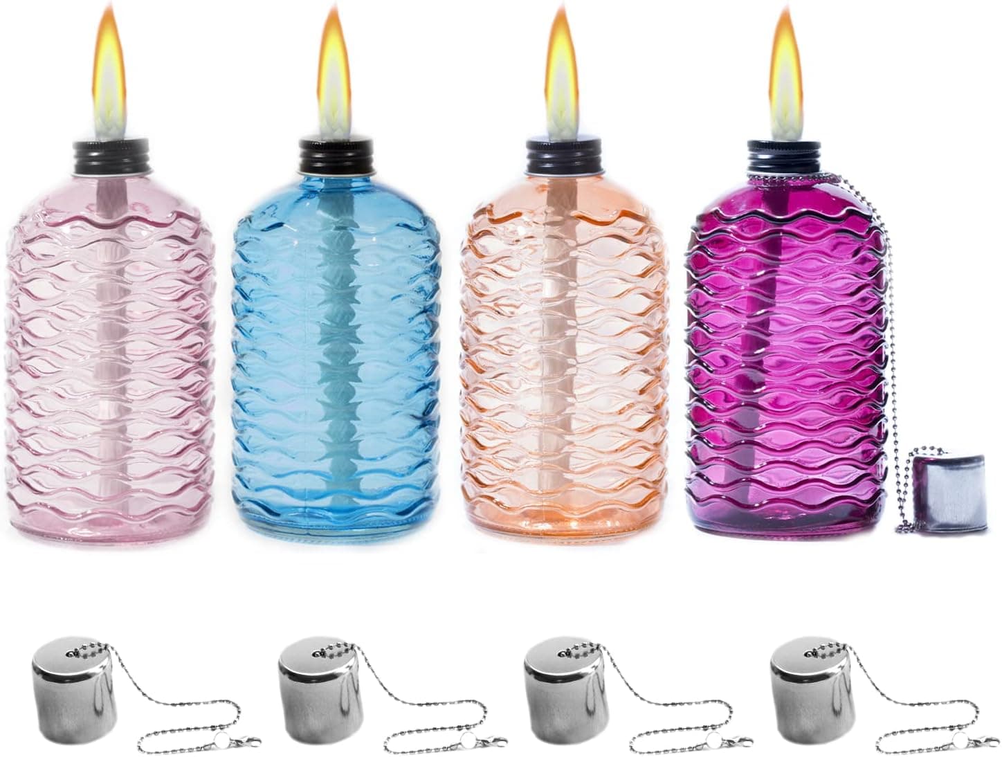 OEXEO 4PCS Glass Bottle Outdoor Tabletop Torch Set,Torch Wicks, Torch Light,Table Torch,Citronella Torch,Garden Torch,Patio Torches