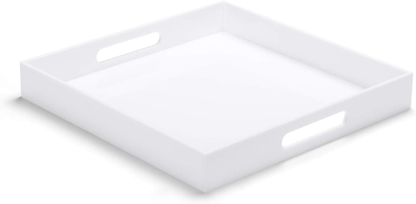 ATOZONE White Durable Acrylic Ottoman Tray with Handles 14x14x2 Inch Spill Proof Serving Tray Safe Edge Organizer Tray Decorative Tray for Living Room Bedroom Kitchen Bathroom Coffee Table Countertop