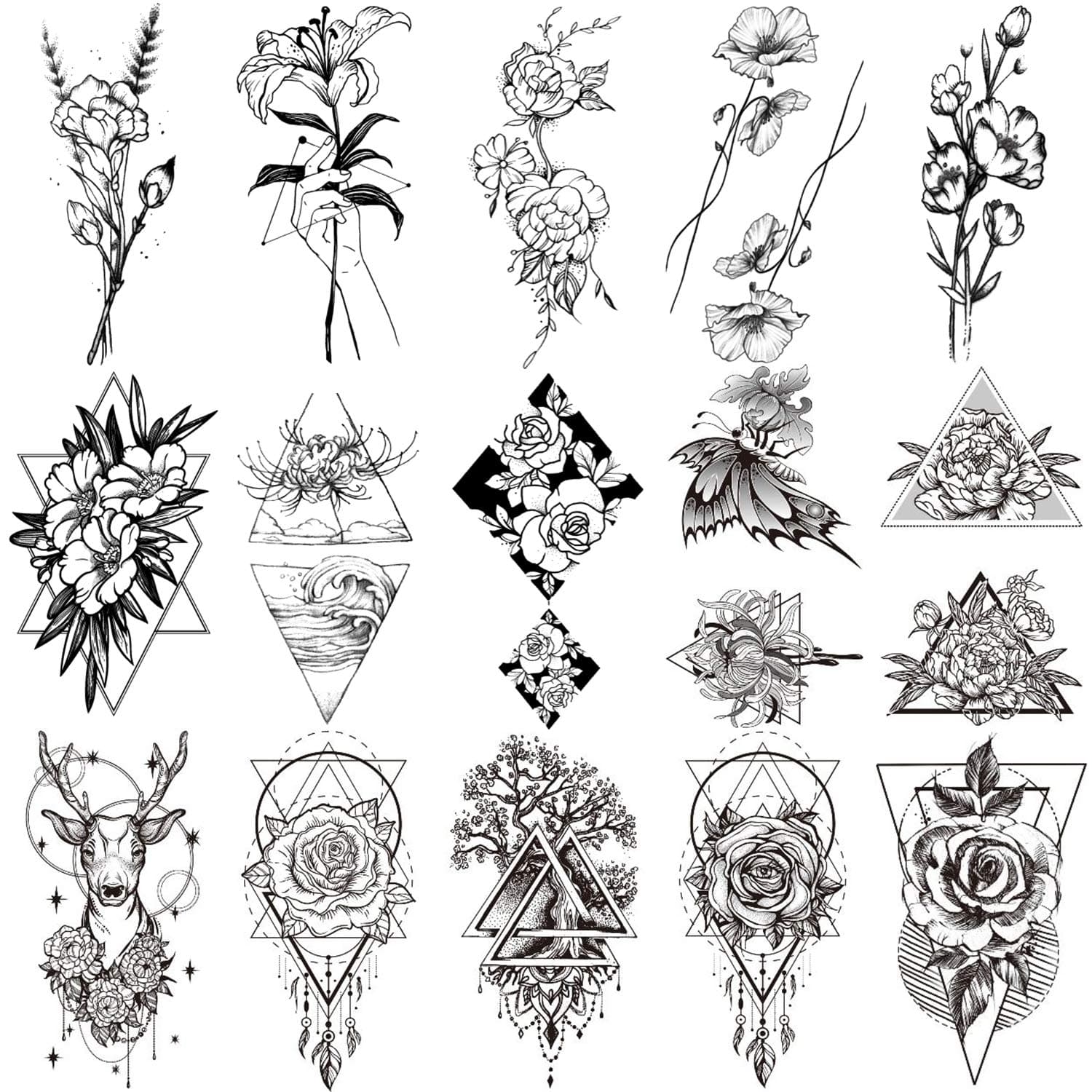 15 Sheets Lot Sexy Realistic Flower Temporary Tattoos For Women Girls Body Art Black Small Rose Waterproof Geometric Adult Fake Tattoo Stickers