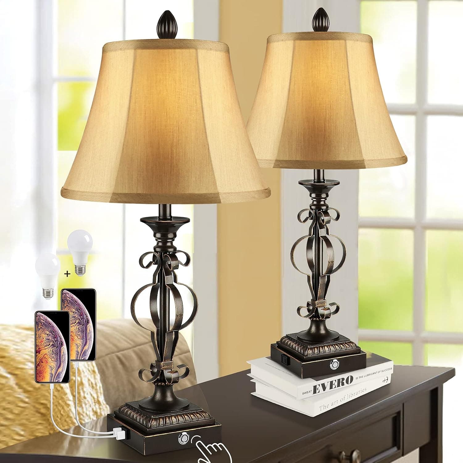 Table Lamps Set of 2, Touch Control 3-Way Dimmable Vintage Bedside Lamps with USB Port, Farmhouse Traditional Nightstand Lamp with Fabric Shade for Living Room, Bedroom, Office, 9W Bulbs Included
