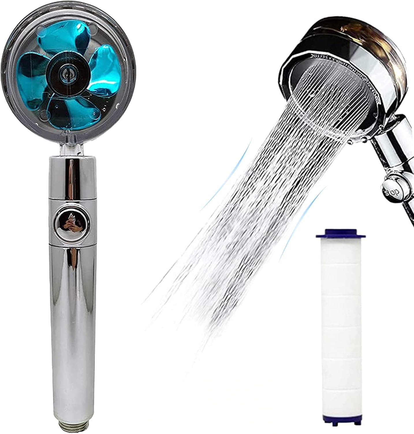 Turbo Fan Shower Head with Filter,High Pressure Shower Head - 360 Rotating Propeller Driven Shower head with Stop Button (Blue)