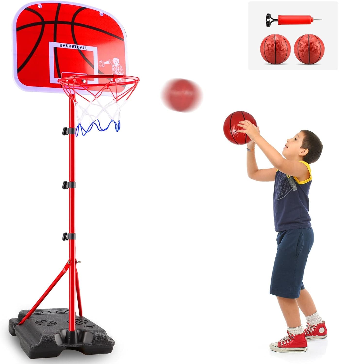 Beria Kids Basketball Hoop, Adjustable Height 2.9 FT- 6 FT, Includ Pump & 2 Ball, Indoor Outdoor Backyard Games Toddler Mini Basketball Hoop Toys Age 6-8, Gift for Boys and Girls Age 6 7 8 Year Olds