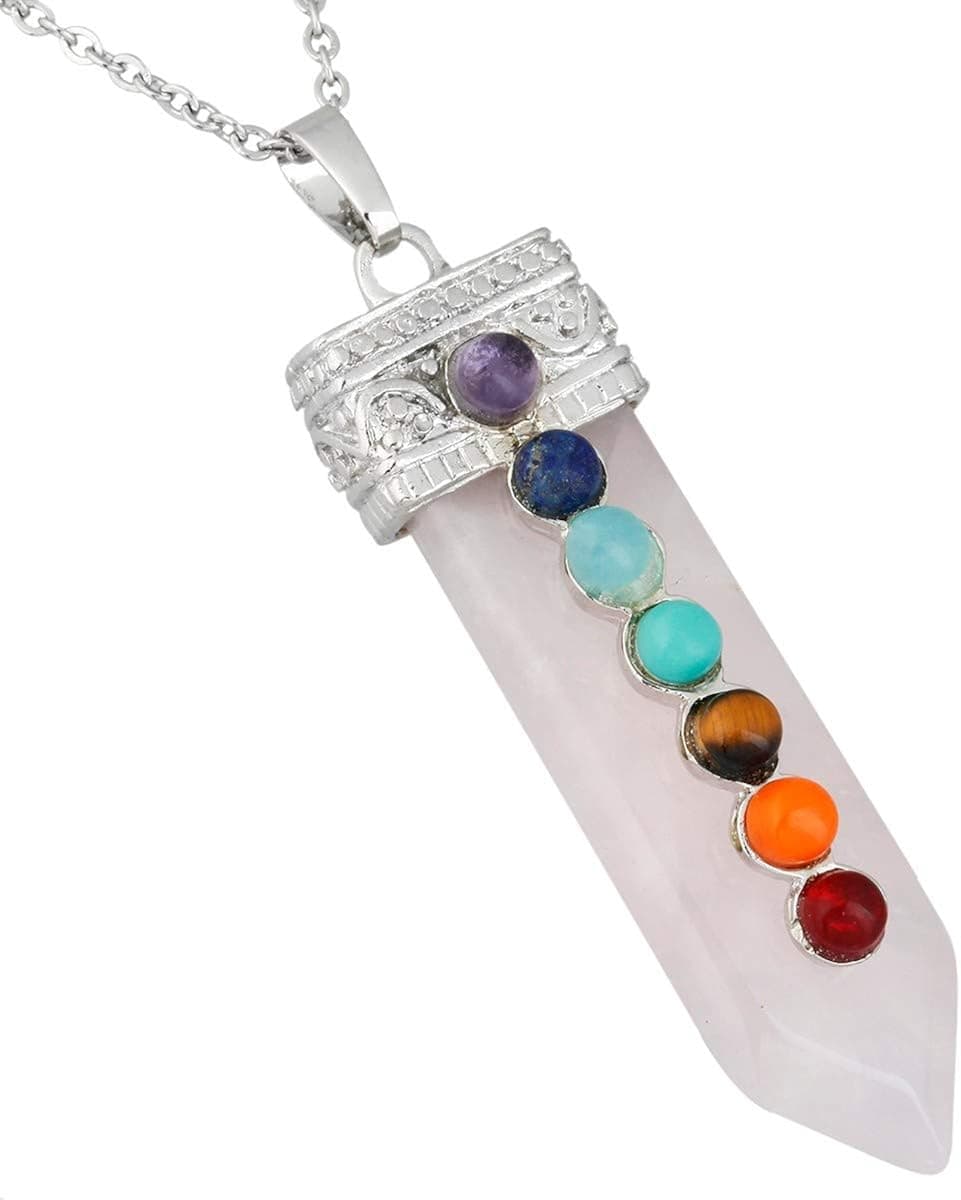 Nupuyai 7 Chakra Stone Necklace for Unisex, Healing Crystal Point Pendant with Chain for Women and Men