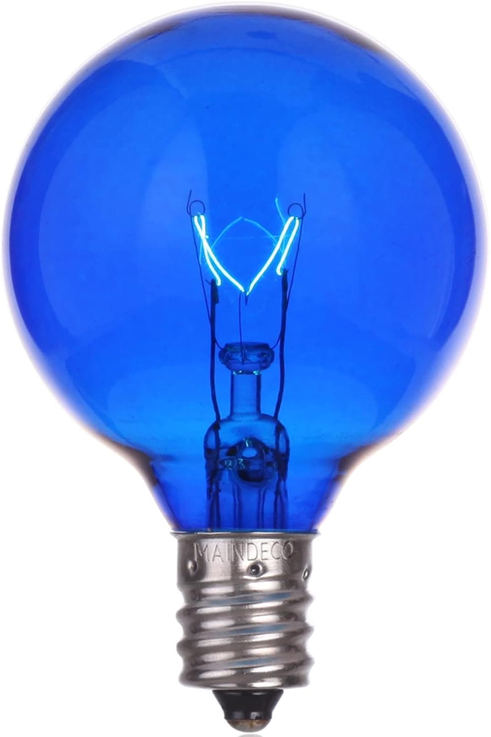 MAINDECO 25 Pack G40 Globe Christmas Light Bulbs, Clear Blue Glass Incandescent Replacement Bulbs, E12/C7 Candelabra Base, UL Listed Patio String Lights Bulbs for Indoor Outdoor Decorative, 5W