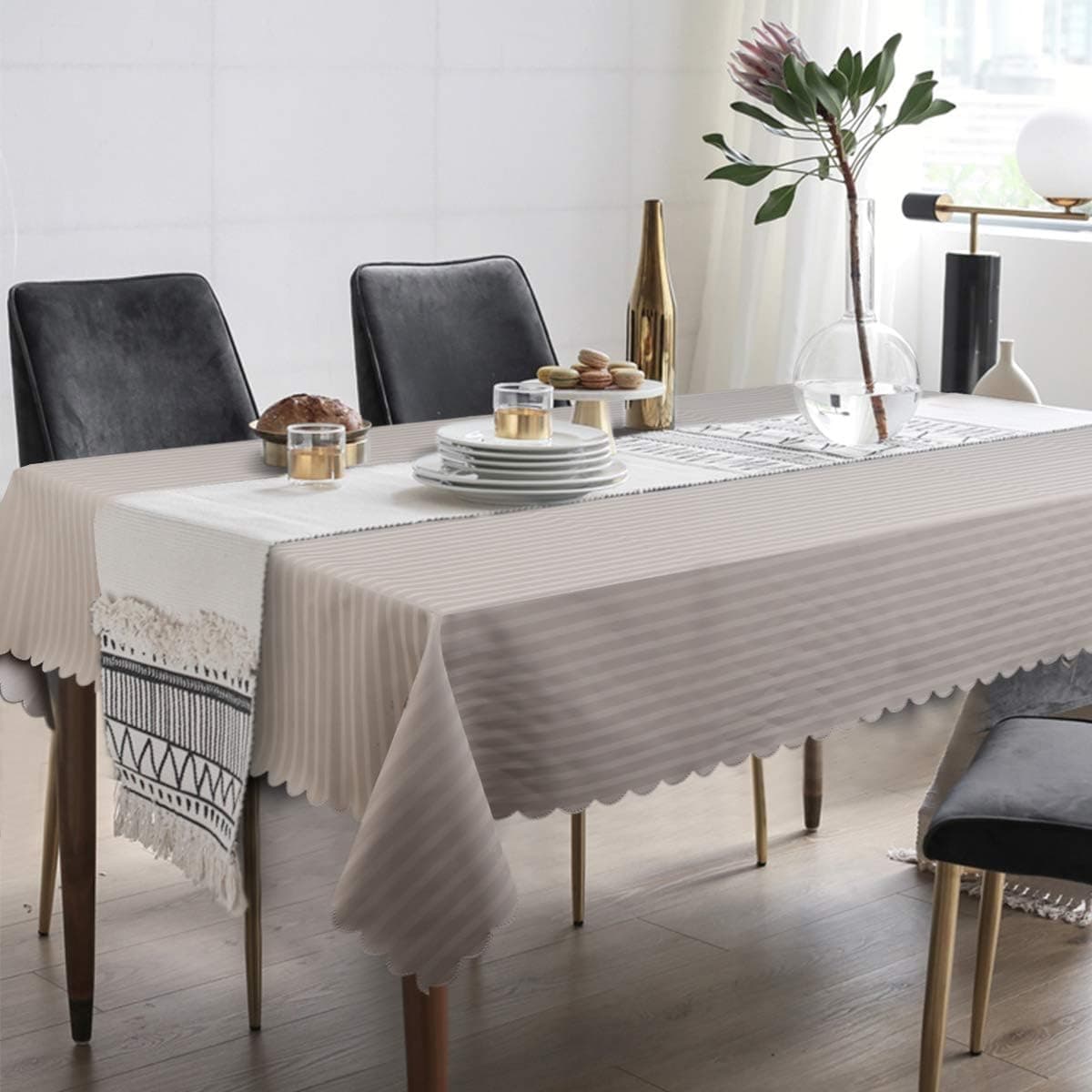 KIMODE Heavy Weight Rectangle Tablecloth Wipe Clean PU Table Cover Oil-Proof/Waterproof -54 x 84 Inch(Gray Stripe)