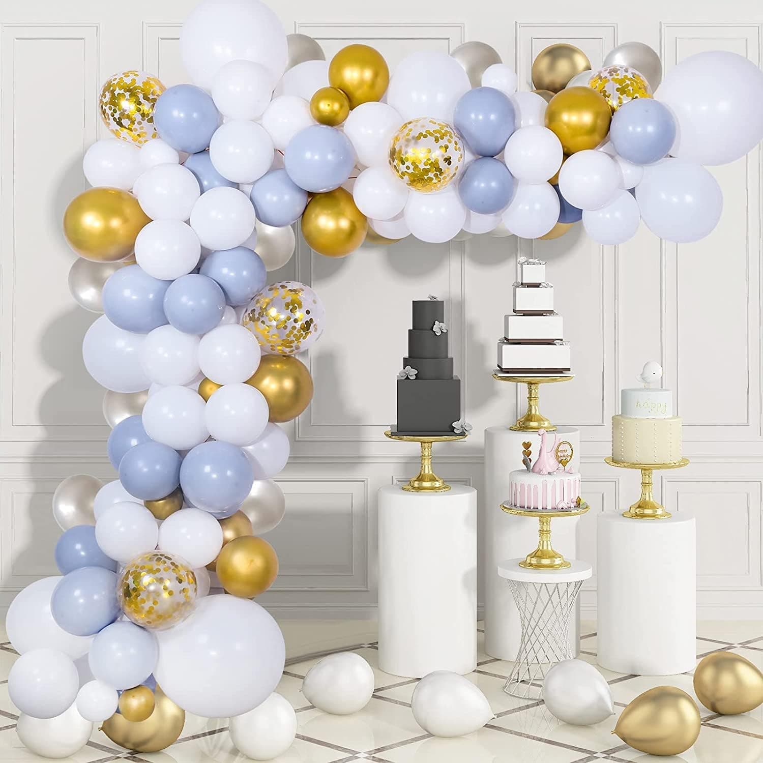 Balloon Garland Kit White Blue, 95PCS Macaron Blue Gold Balloon Garland Arch Kit with Gold Confetti Balloon Silver Latex Balloons for Birthday Decoration Wedding Baby Shower Decor Party Supplies