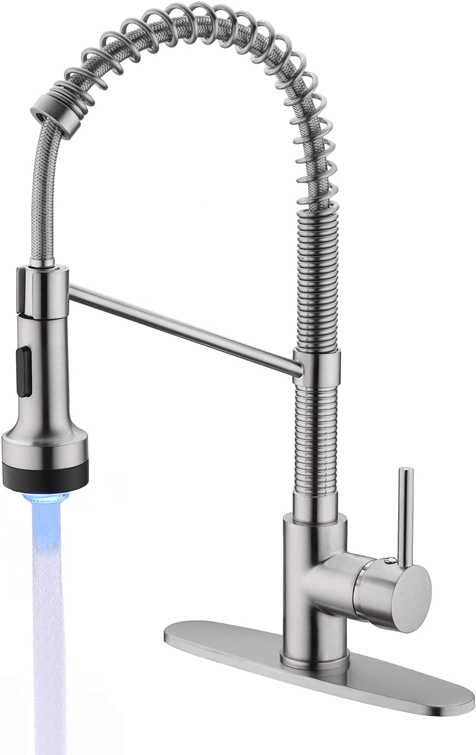 LED Kitchen Faucet, Pull Down Spring Kitchen Faucet with LED Light, Lead-Free Solid Brass Pull Down Sprayer Kitchen Sink Faucet with Deck Plate Brushed Nickle
